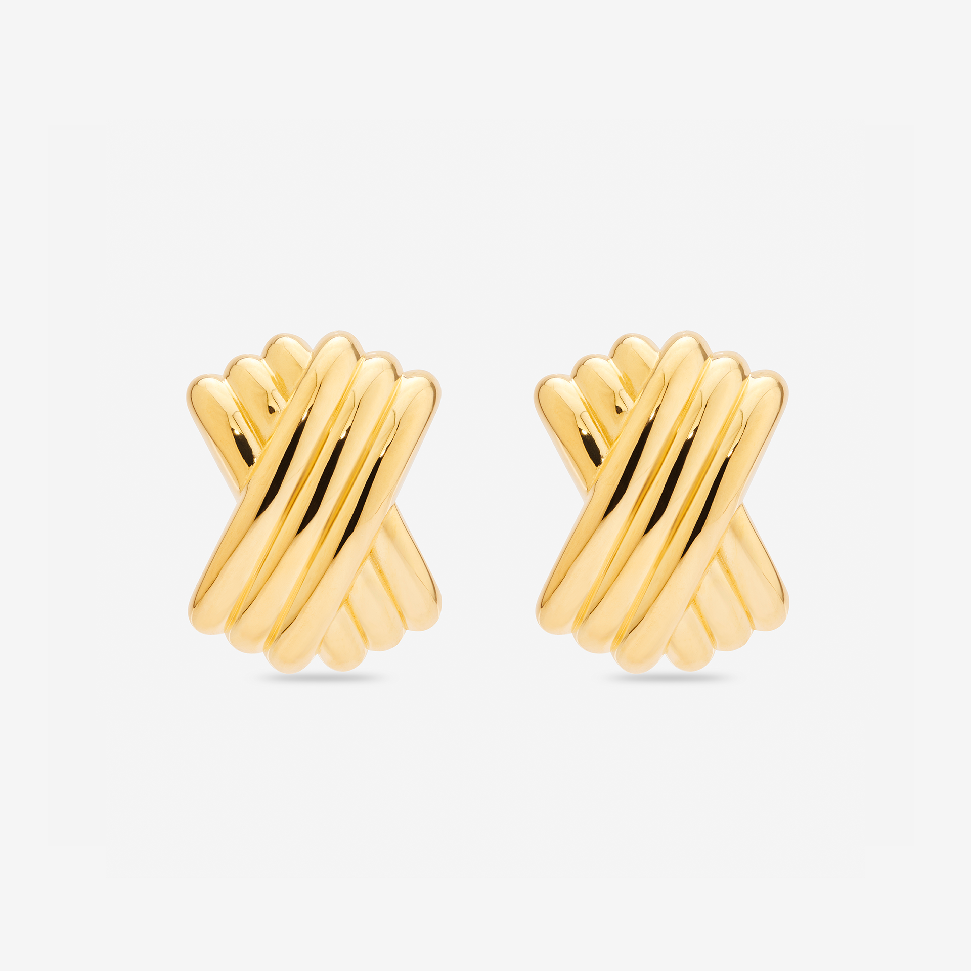 MÉGA Triple X Earrings in gold vermeil—29×19.9 mm overlapping “X” studs with stainless-steel posts, 10 g.