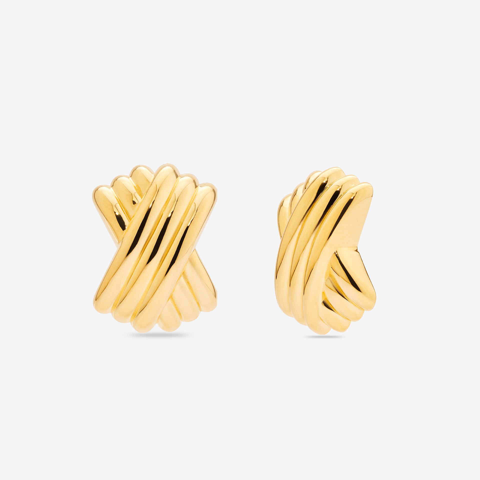 MÉGA Triple X Earrings in gold vermeil—29×19.9 mm overlapping “X” studs with stainless-steel posts, 10 g.