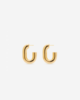 MÉGA Half Paper Clip Earrings in gold vermeil—16 mm long, 3.5 mm wide sculptural oval hoops with stainless-steel posts, 5.54 g.