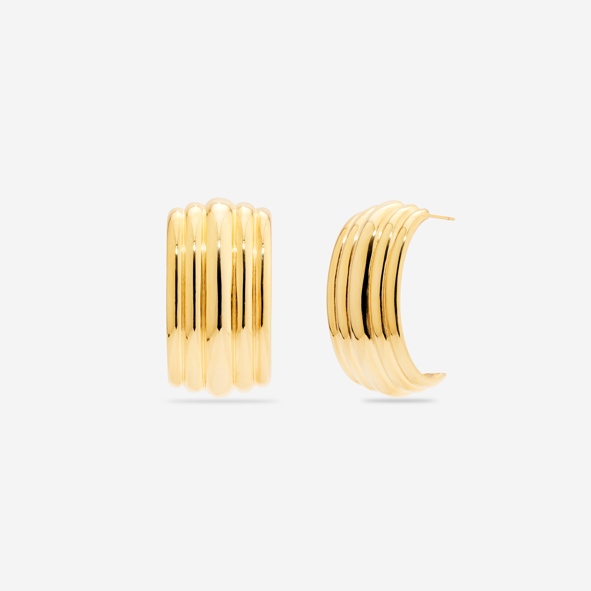 MÉGA Large Waterfall Earrings in gold vermeil—32.3 × 16.8 mm ridged elongated drops, stainless‑steel posts, lightweight 8 g.