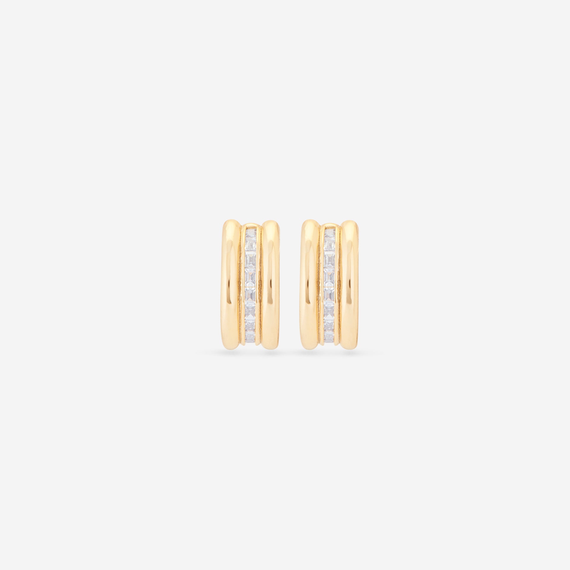 MÉGA Baguetted Earrings in gold vermeil—16 × 7.4 mm mini hoops with channel‑set zircon baguettes, stainless‑steel posts, 8.27 g.