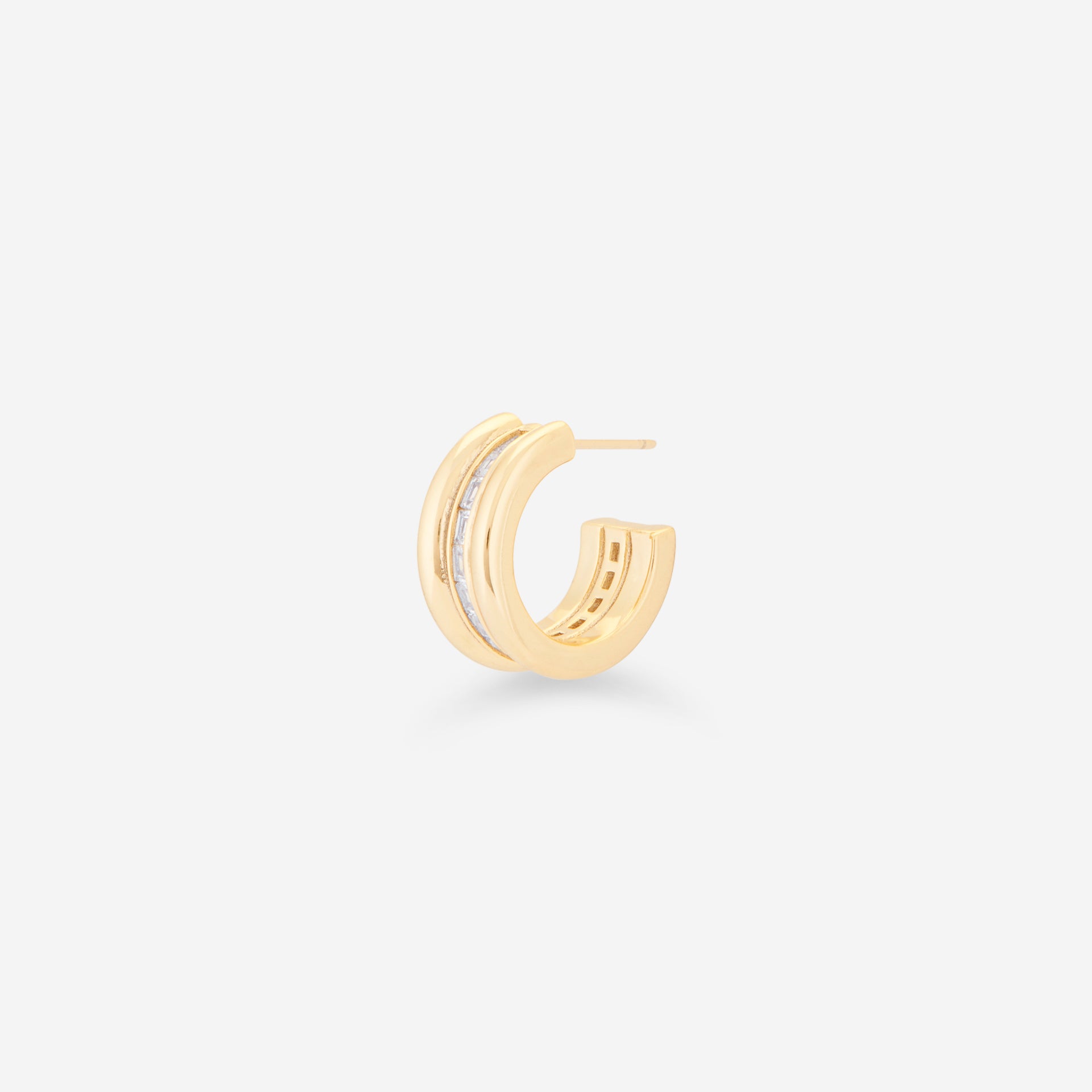 MÉGA Baguetted Earrings in gold vermeil—16 × 7.4 mm mini hoops with channel‑set zircon baguettes, stainless‑steel posts, 8.27 g.