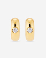 MÉGA Large Donut Earrings in gold vermeil—CZ-studded sculptural hoops, 26 × 10 mm, lightweight at 9 g, with stainless-steel posts.