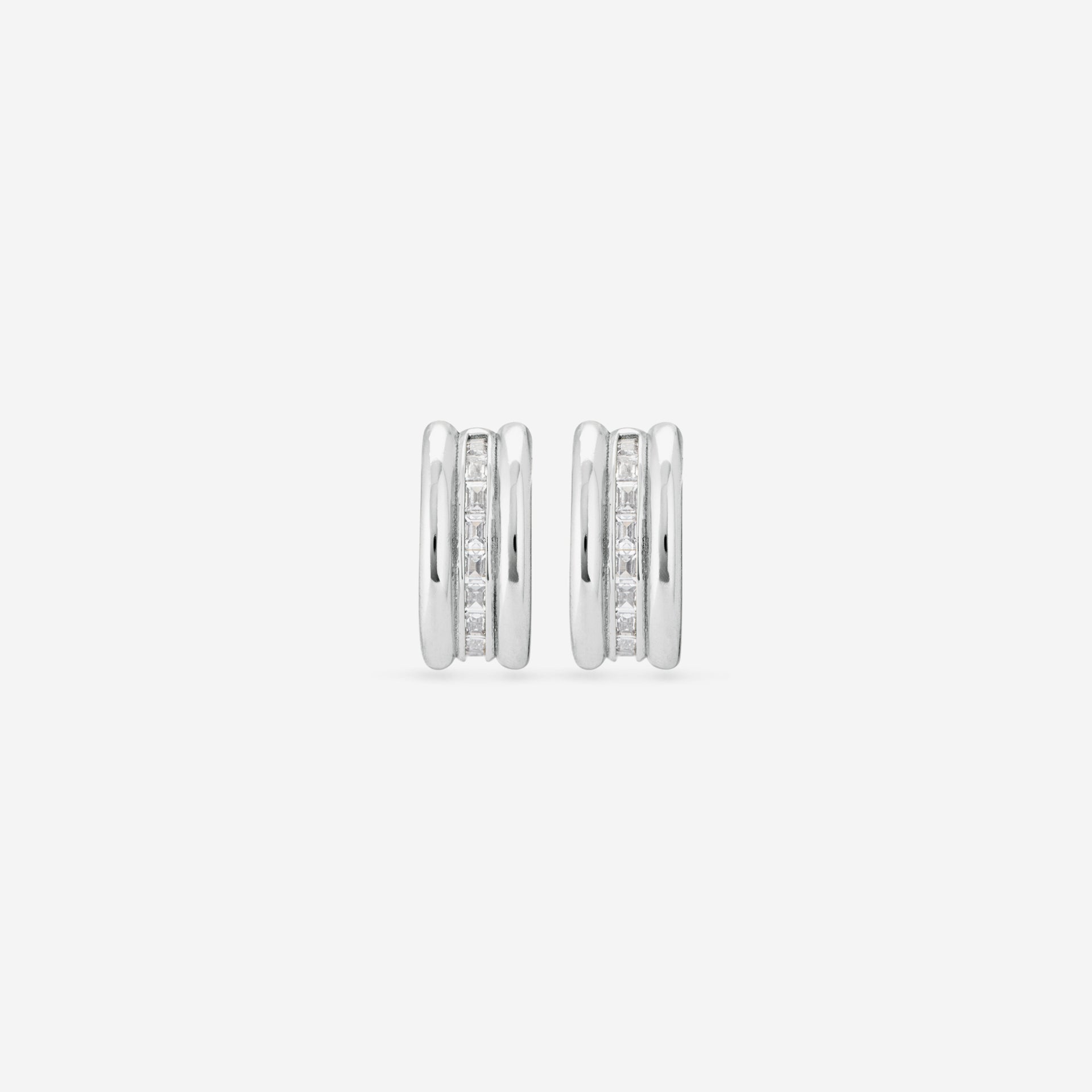 MÉGA Baguetted Earrings in gold vermeil—16 × 7.4 mm mini hoops with channel‑set zircon baguettes, stainless‑steel posts, 8.27 g.