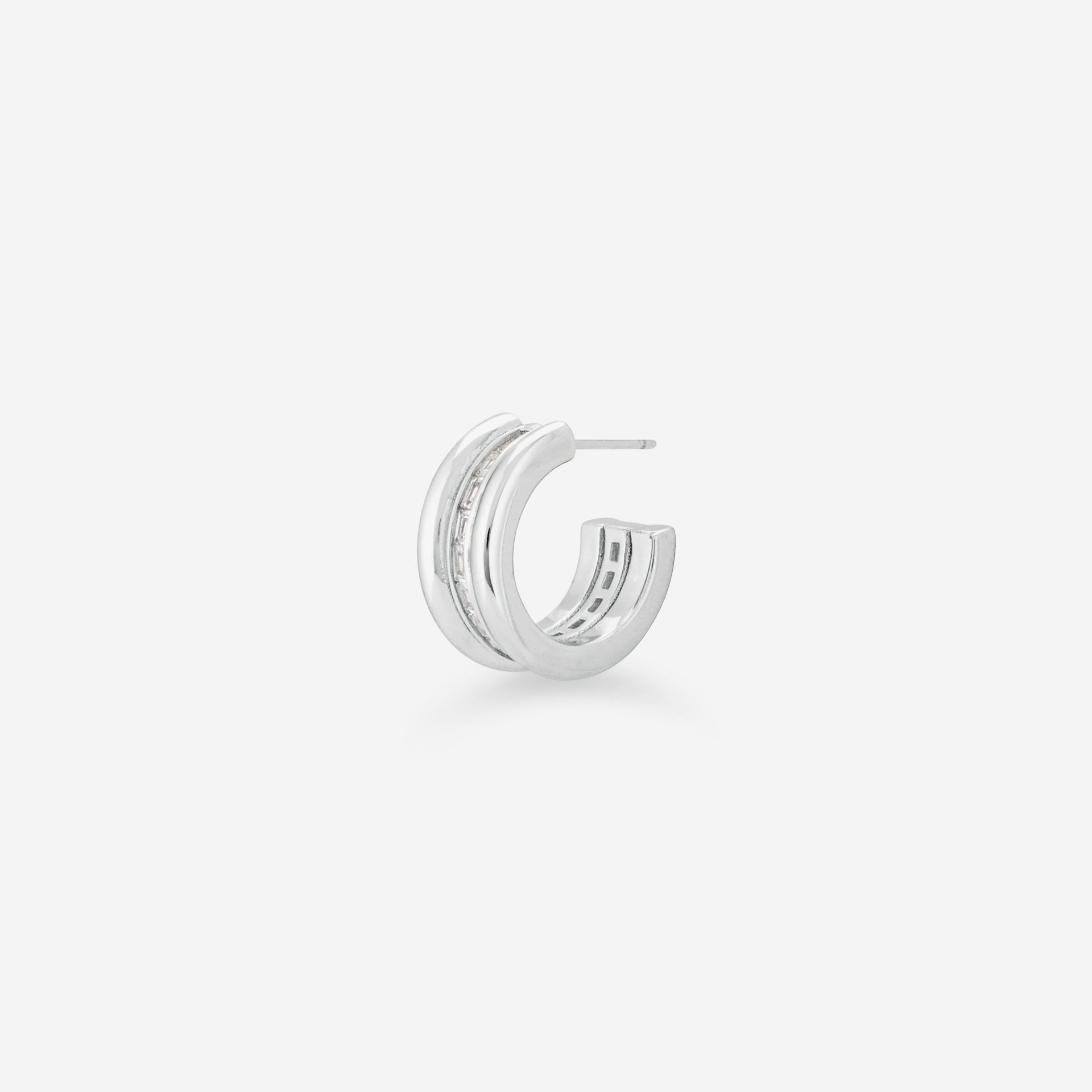 MÉGA Baguetted Earrings in gold vermeil—16 × 7.4 mm mini hoops with channel‑set zircon baguettes, stainless‑steel posts, 8.27 g.