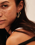 MÉGA Shrimp Hoop Earrings in gold vermeil—28 mm tapered hoops (15.3–23.6 mm), stainless‑steel posts, classic silhouette, lightweight 6.45 g.