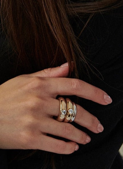 MÉGA Stacking Donut Rings in gold vermeil—two CZ-dusted sculptural bands, 6 mm & 7.7 mm wide, combined 17 mm, 22.1 g.