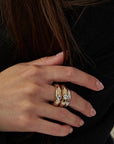 MÉGA Stacking Donut Rings in gold vermeil—two CZ-dusted sculptural bands, 6 mm & 7.7 mm wide, combined 17 mm, 22.1 g.