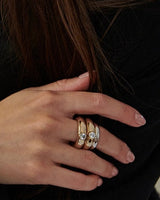 MÉGA Stacking Donut Rings in gold vermeil—two CZ-dusted sculptural bands, 6 mm & 7.7 mm wide, combined 17 mm, 22.1 g.