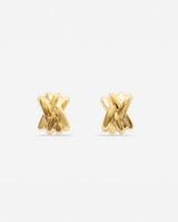 Pair of gold vermeil lattice earrings with interwoven sculptural design, displayed on a white background
