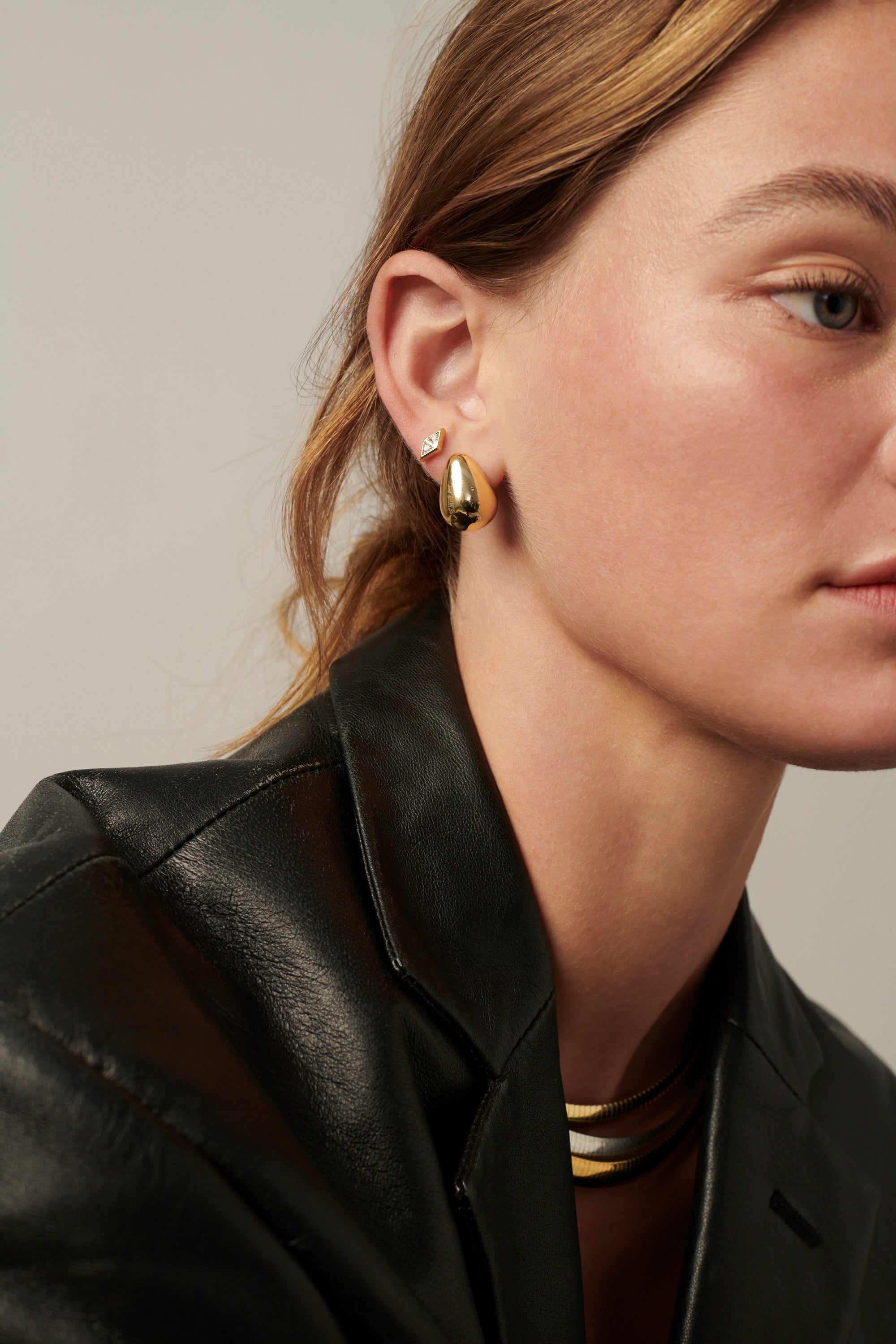 MÉGA Teardrop Earrings in gold vermeil—brass elongated teardrop studs, 5.5 mm to 14.5 mm wide, 20 mm tall.