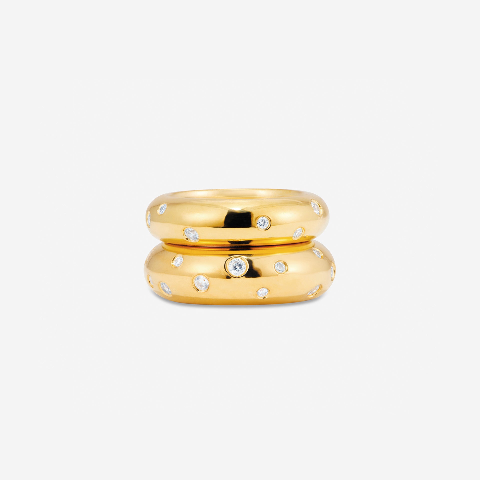 MÉGA Donut Sprinkle Ring Stack—two CZ-dusted hammered donut rings in sterling silver with gold/silver vermeil.