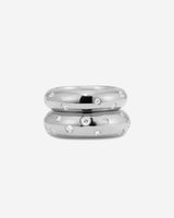 MÉGA Donut Sprinkle Ring Stack—two CZ-dusted hammered donut rings in sterling silver with gold/silver vermeil.