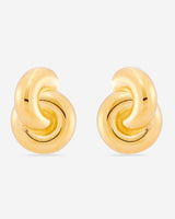 MÉGA Jumbo Double Knot Earrings in gold vermeil—lightweight oversized sculptural knot studs, 28 mm x 37 mm.