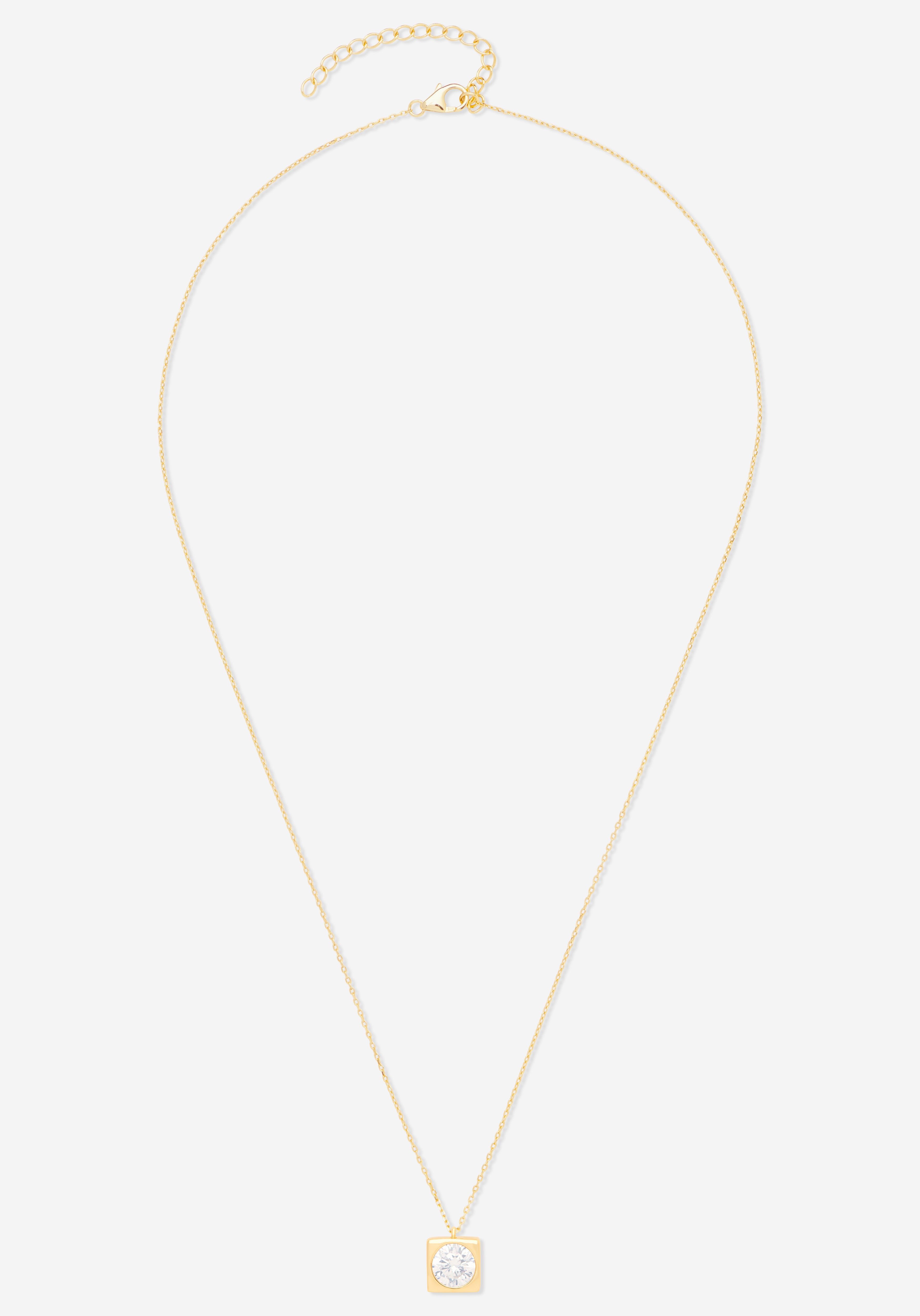Circle Treasure Necklace featuring a square gold pendant with a round zircon on an 18-inch chain.