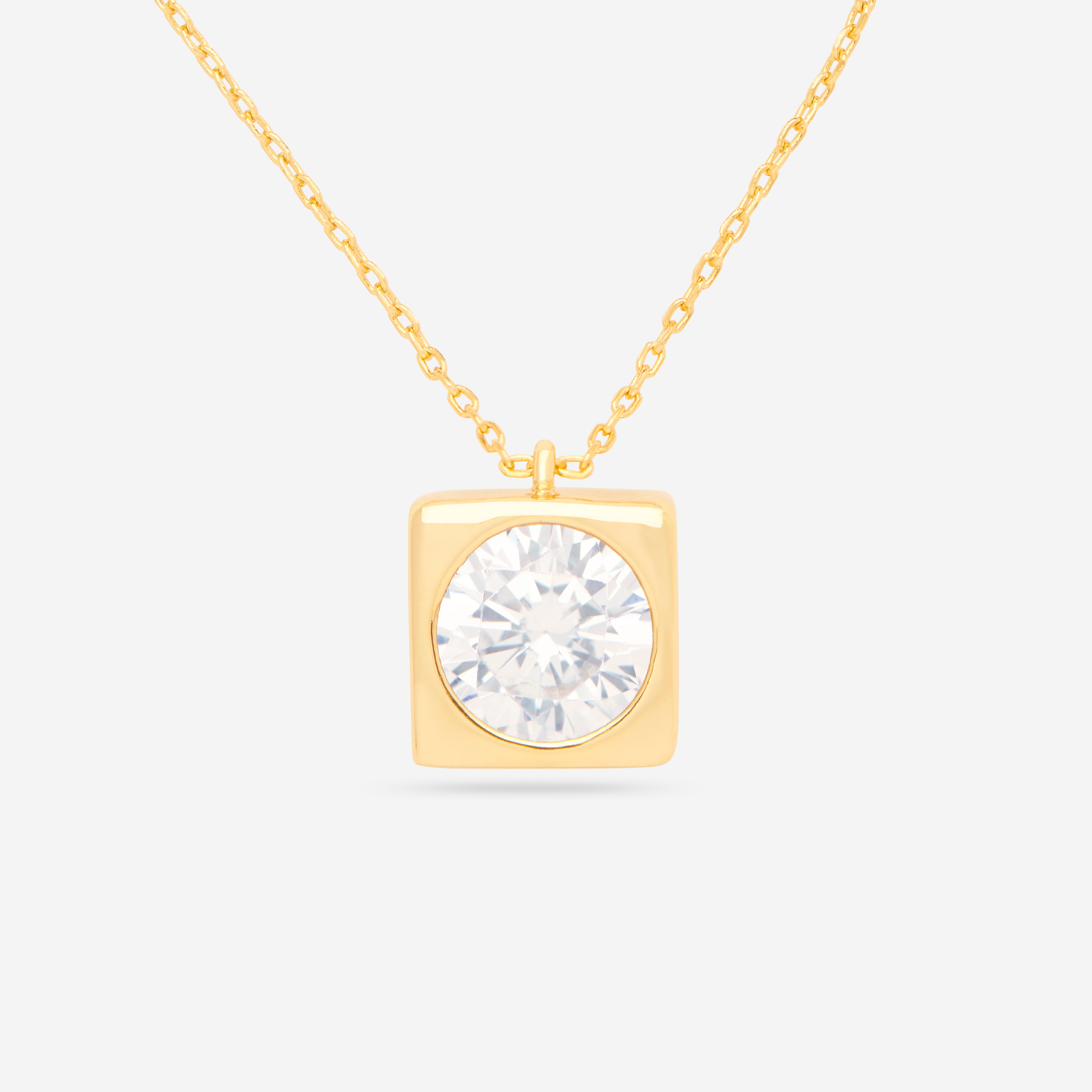 Circle Treasure Necklace featuring a square gold pendant with a round zircon on an 18-inch chain.