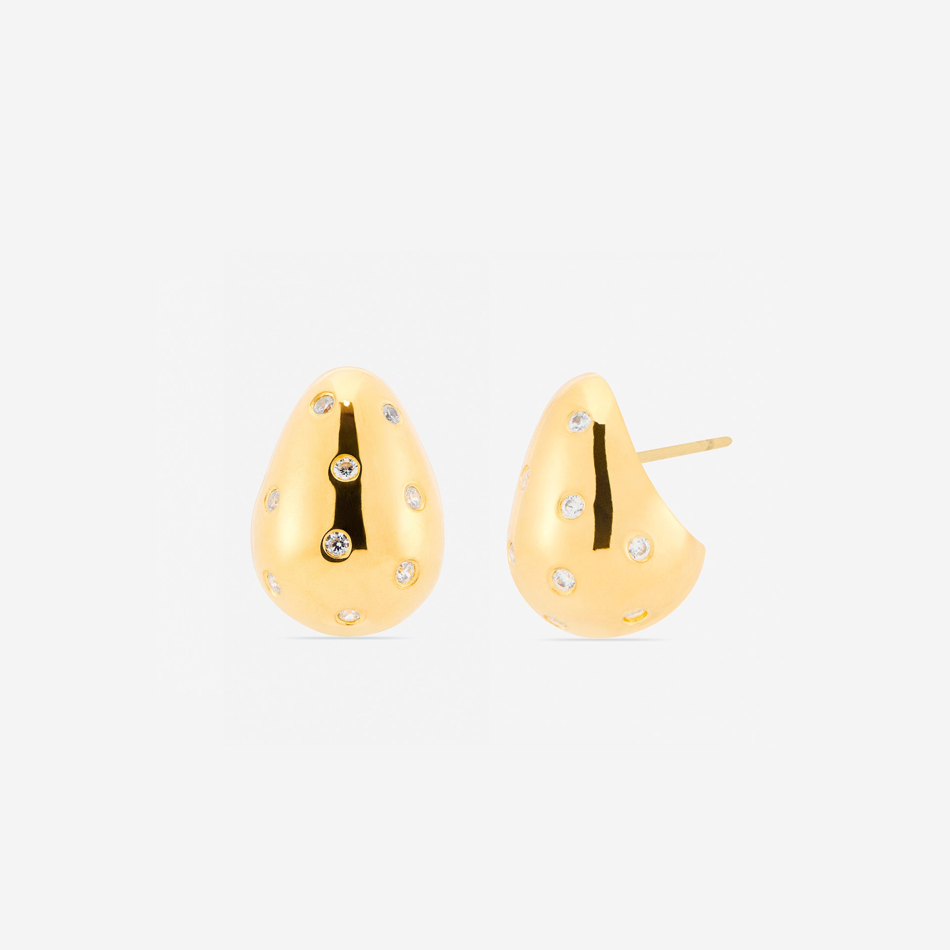 MÉGA Sprinkle Teardrop Earrings in gold vermeil—brass drop earrings sprinkled with CZ stones, 5.5 mm to 14.5 mm wide and 20 mm tall.