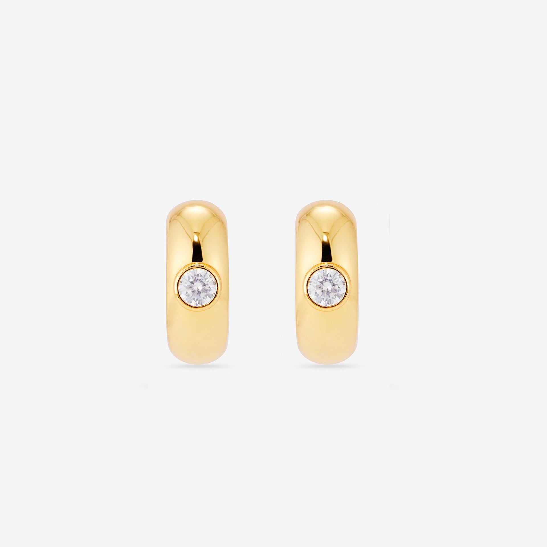 MÉGA Small Donut Earrings in gold vermeil—16.1 mm × 7.6 mm CZ-studded mini hoops with stainless‑steel posts, lightweight 9.56 g.