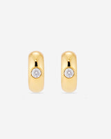MÉGA Small Donut Earrings in gold vermeil—16.1 mm × 7.6 mm CZ-studded mini hoops with stainless‑steel posts, lightweight 9.56 g.