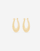 MÉGA Shrimp Hoop Earrings in gold vermeil—28 mm tapered hoops (15.3–23.6 mm), stainless‑steel posts, classic silhouette, lightweight 6.45 g.