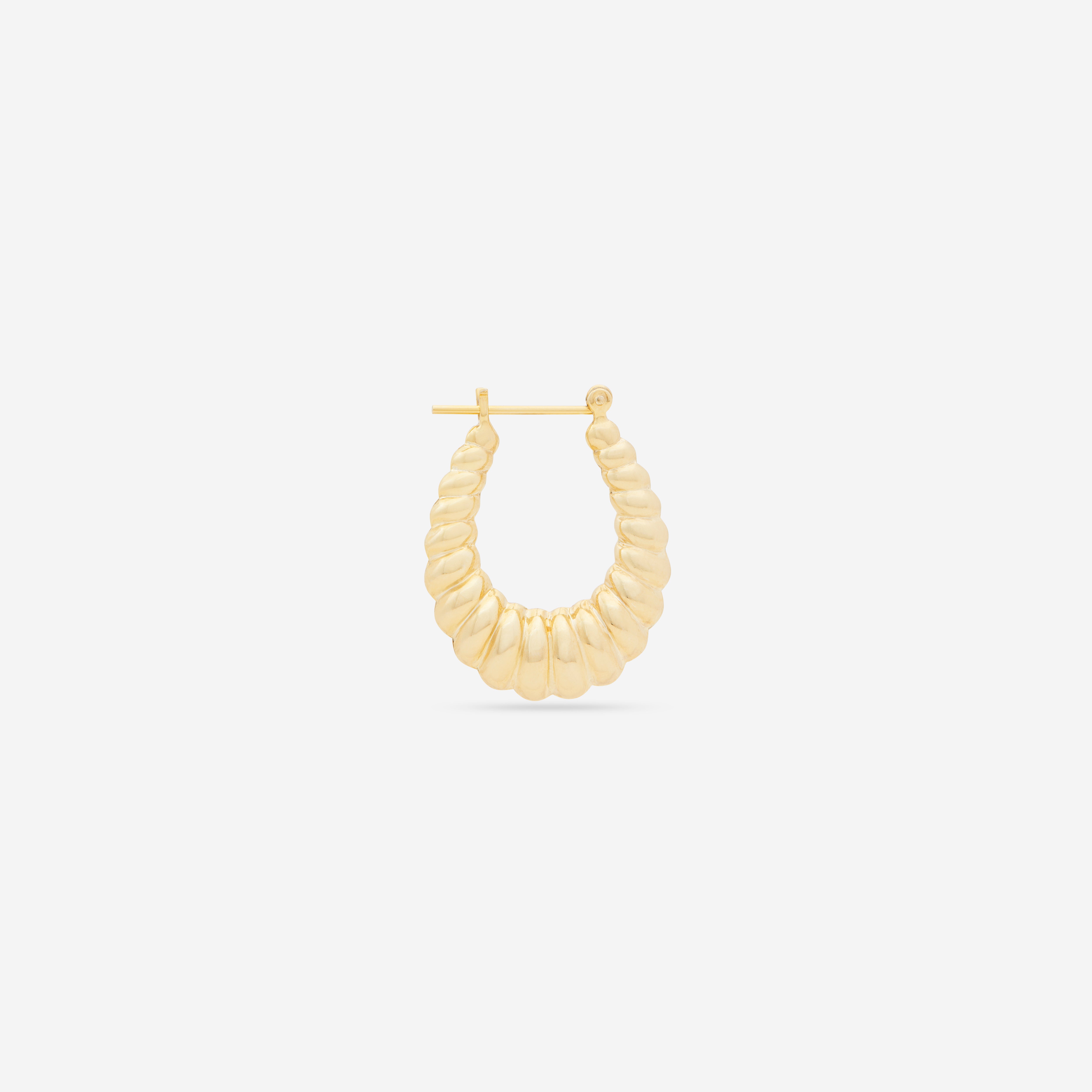 MÉGA Shrimp Hoop Earrings in gold vermeil—28 mm tapered hoops (15.3–23.6 mm), stainless‑steel posts, classic silhouette, lightweight 6.45 g.