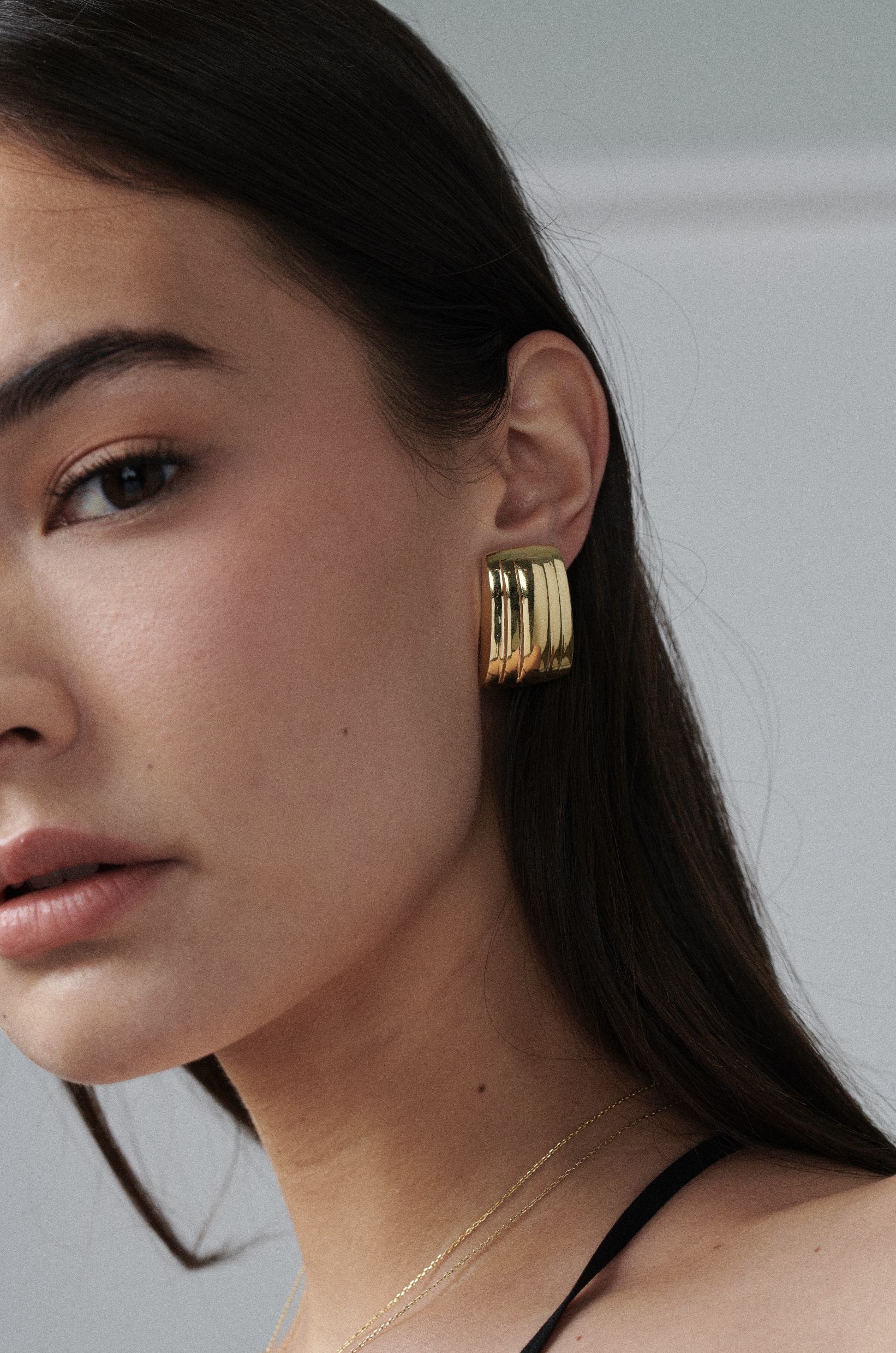 MÉGA Eiffel Earrings in gold vermeil—stepped rectangular studs 29.4 mm × 19.9 mm, stainless steel posts, 6.23 g.