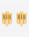 MÉGA Tubes Earrings in gold vermeil—35 mm × 22.8 mm tubular brass sculptures, 10 g with stainless steel posts.