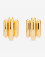 MÉGA Tubes Earrings in gold vermeil—35 mm × 22.8 mm tubular brass sculptures, 10 g with stainless steel posts.
