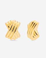 MÉGA Triple X Earrings in gold vermeil—29×19.9 mm overlapping “X” studs with stainless-steel posts, 10 g.
