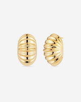 MÉGA Snail Earrings in gold vermeil—30 mm spiral-shaped studs, 18.7 mm width, 15.1 mm depth, stainless-steel posts, 9 g.