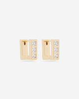 MÉGA Charmed Earrings in gold vermeil—15.5 × 5.9 mm square CZ stud earrings with stainless-steel posts, weighing 12.2 g.