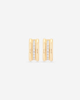 MÉGA Baguetted Earrings in gold vermeil—16 × 7.4 mm mini hoops with channel‑set zircon baguettes, stainless‑steel posts, 8.27 g.