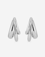 MÉGA Triple Time Earrings in silver vermeil—three graduated hoop earrings measuring 6.9 mm to 16.9 mm wide and 31.2 mm tall.