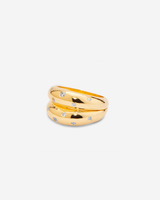 MÉGA Double Dalmatian Ring in gold vermeil—3 mm sterling band with scattered cubic zirconia, 2.02 mm thick, 7.38 g.