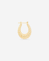 MÉGA Shrimp Hoop Earrings in gold vermeil—28 mm tapered hoops (15.3–23.6 mm), stainless‑steel posts, classic silhouette, lightweight 6.45 g.