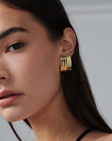 MÉGA Eiffel Earrings in gold vermeil—stepped rectangular studs 29.4 mm × 19.9 mm, stainless steel posts, 6.23 g.