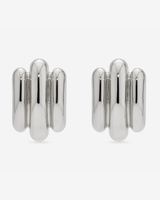 MÉGA Tubes Earrings in gold vermeil—35 mm × 22.8 mm tubular brass sculptures, 10 g with stainless steel posts.